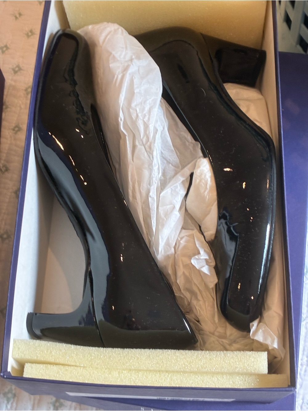 Stuart Weitzman Black Patent Mid Block Heel Pumps